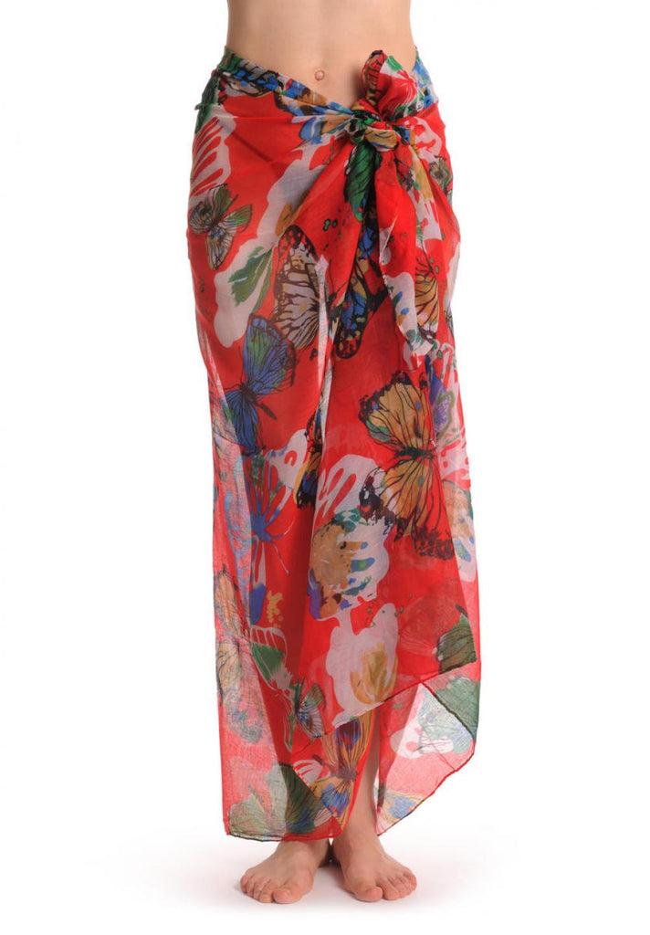 Liss Kiss Large Colourful Butterflies On Red Unisex Scarf & Beach Sarong - Scarf