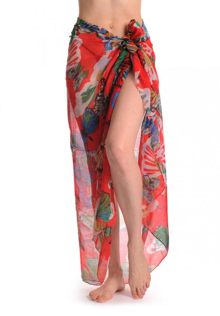 liss kiss Large Colourful Butterflies On Red Unisex Scarf & Beach Sarong - Scarf