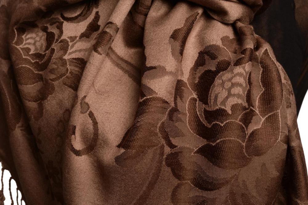 Liss Kiss Large Dark Brown Roses On Brown Pashmina With Tassels - Scarf