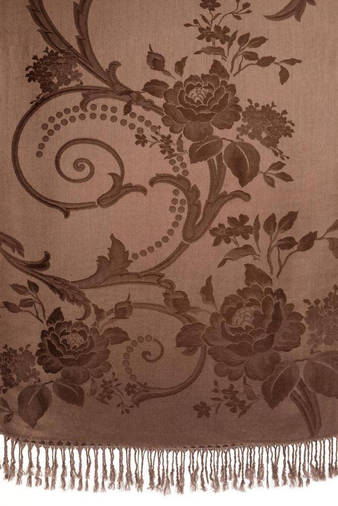 Liss Kiss Large Dark Brown Roses On Brown Pashmina With Tassels - Scarf