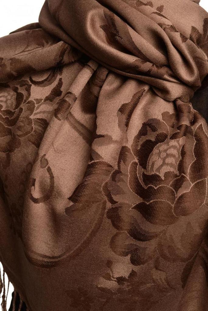 Liss Kiss Large Dark Brown Roses On Brown Pashmina With Tassels - Scarf