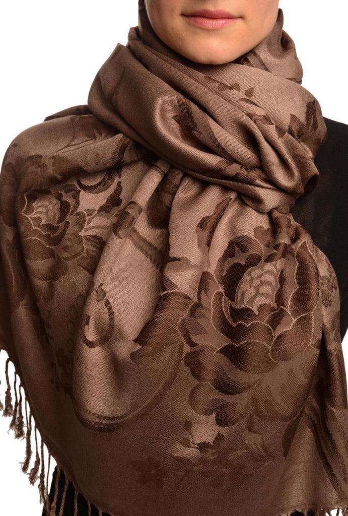 liss kiss Large Dark Brown Roses On Brown Pashmina With Tassels - Scarf