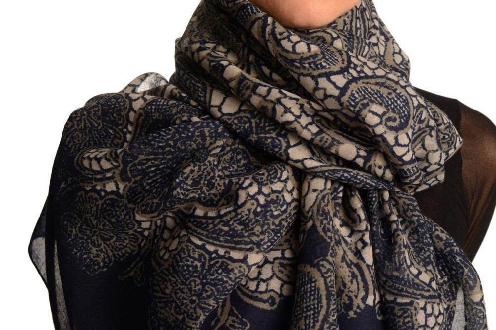 Liss Kiss Large Floral Printed Lace On Dark Blue - Scarf