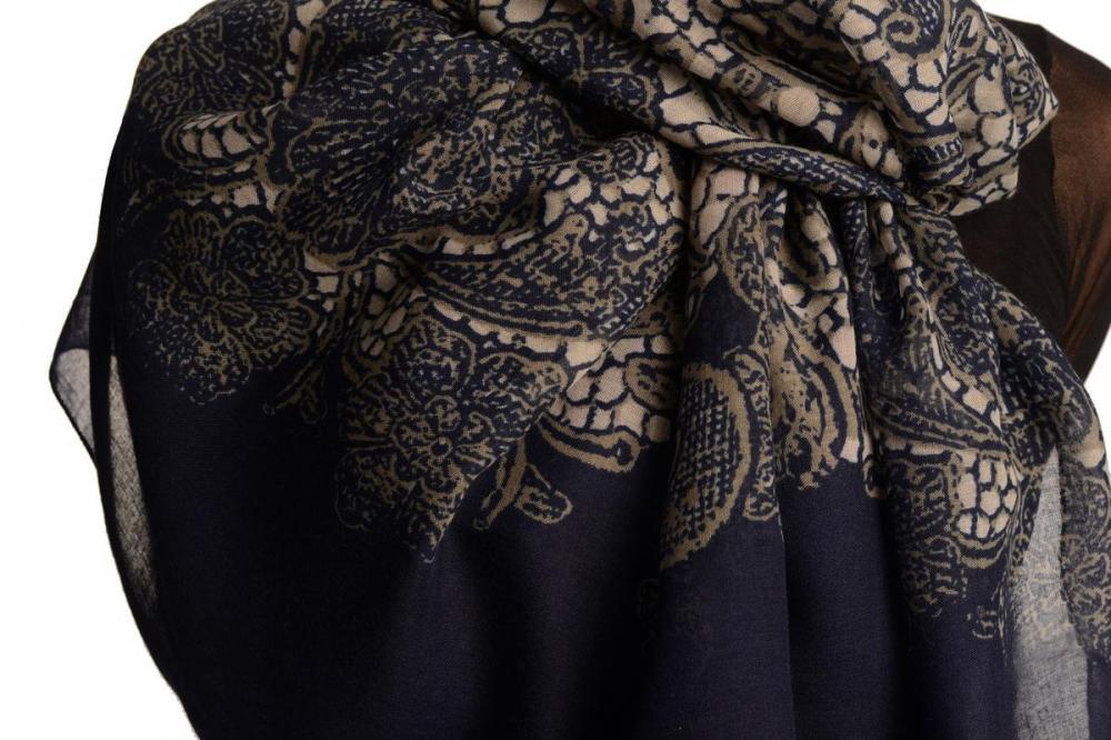 Liss Kiss Large Floral Printed Lace On Dark Blue - Scarf
