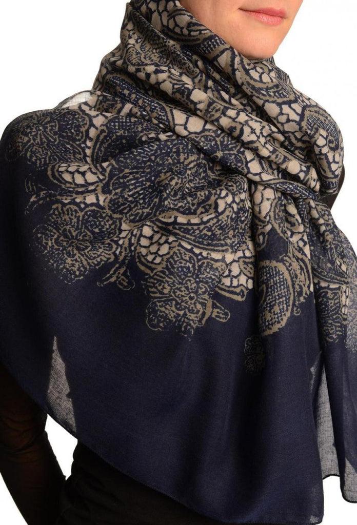 Liss Kiss Large Floral Printed Lace On Dark Blue - Scarf