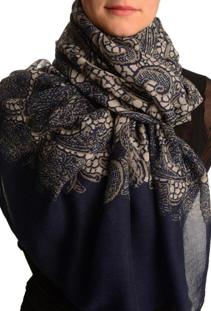 liss kiss Large Floral Printed Lace On Dark Blue - Scarf