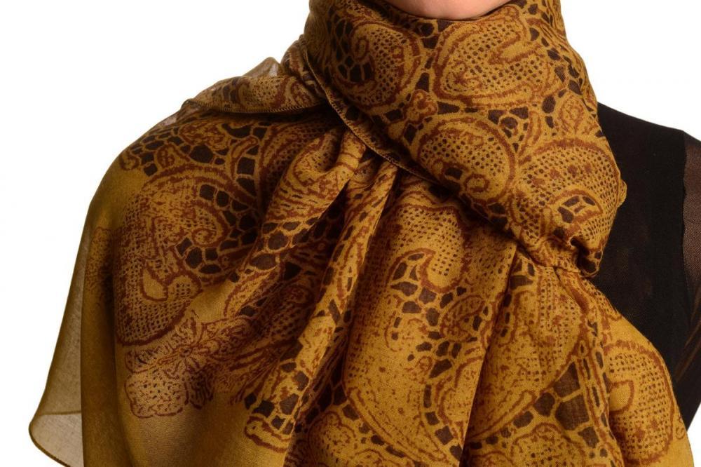 Liss Kiss Large Floral Printed Lace On Mustard Brown - Scarf