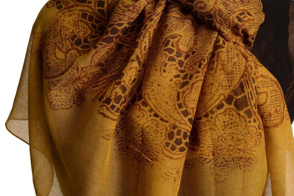 Liss Kiss Large Floral Printed Lace On Mustard Brown - Scarf