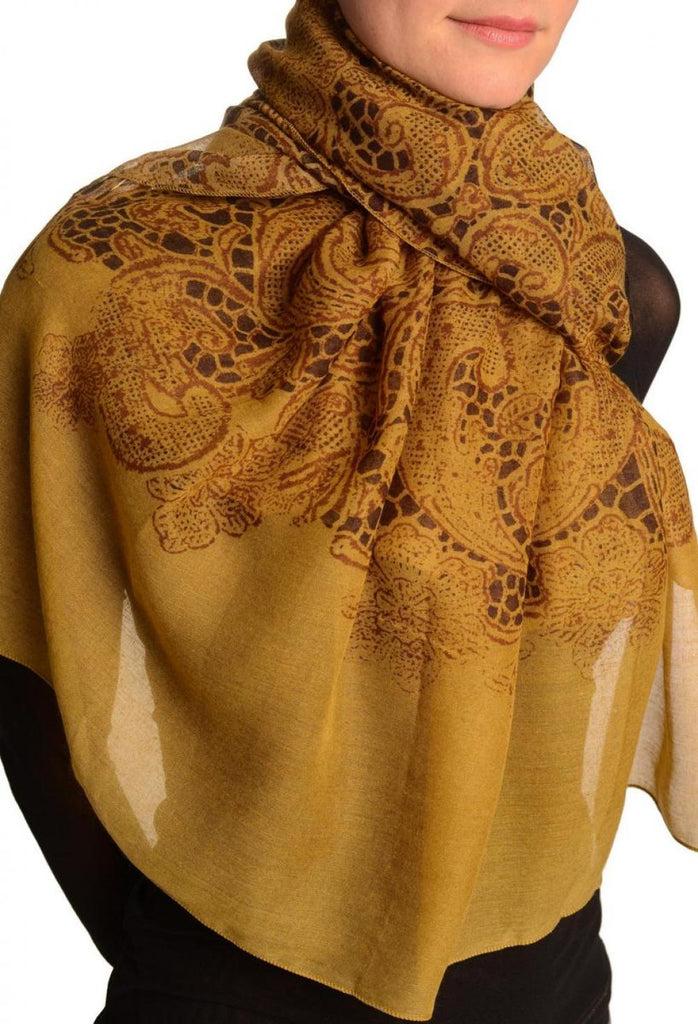 Liss Kiss Large Floral Printed Lace On Mustard Brown - Scarf