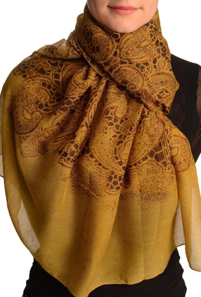 liss kiss Large Floral Printed Lace On Mustard Brown - Scarf