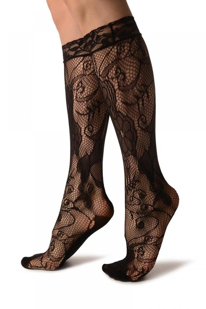Liss Kiss Large Flowers Bouquet Black Lace Knee High Socks - Socks