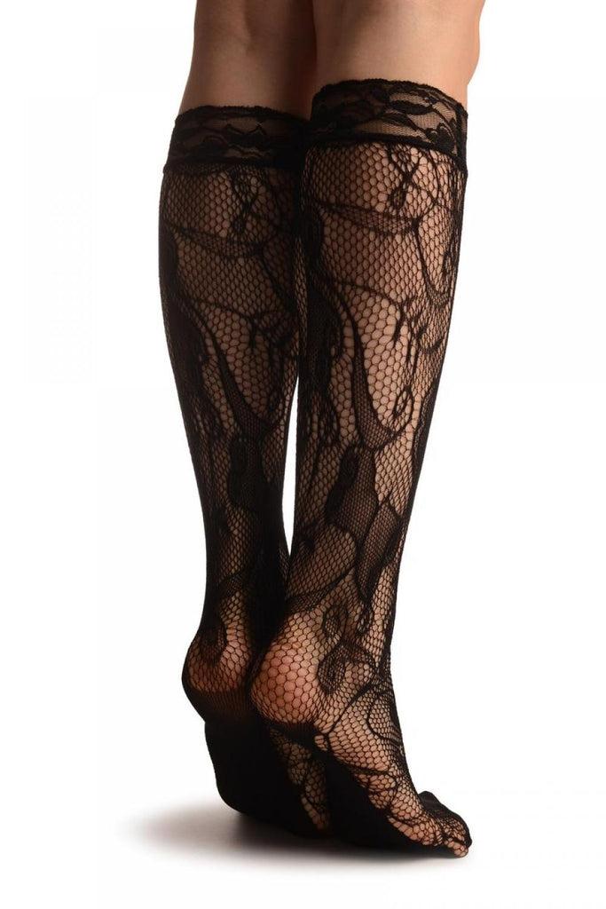 Liss Kiss Large Flowers Bouquet Black Lace Knee High Socks - Socks
