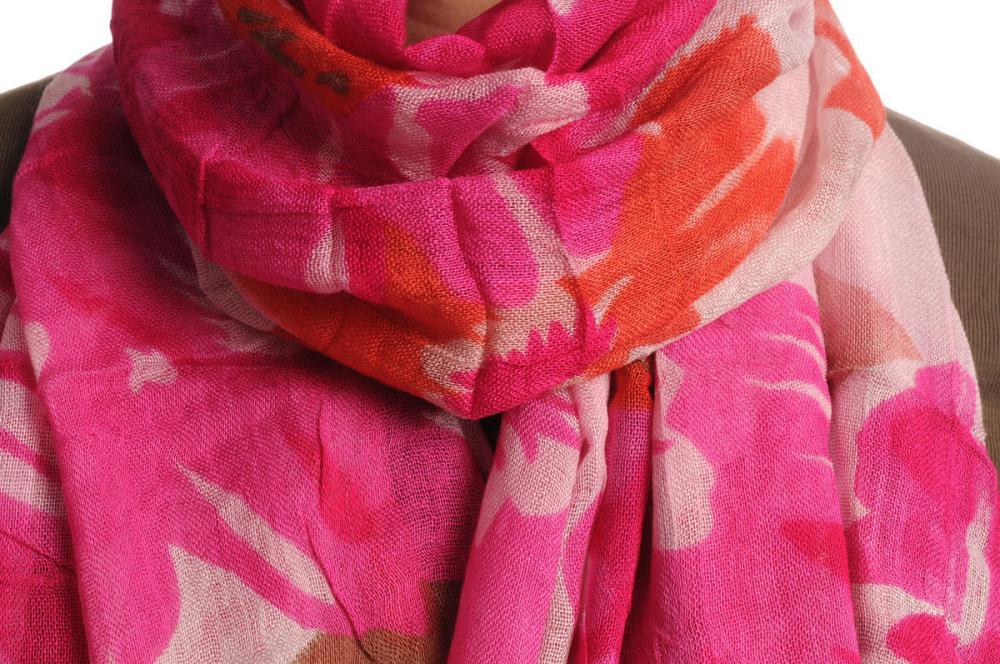 Liss Kiss Large Green Flowers With Tassels On Cream - Scarf