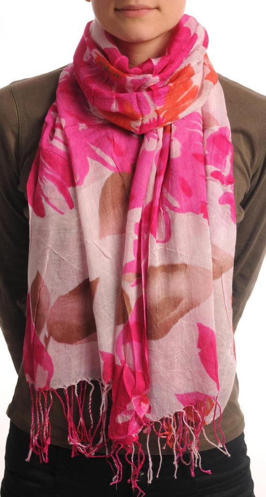 liss kiss Large Green Flowers With Tassels On Cream - Scarf