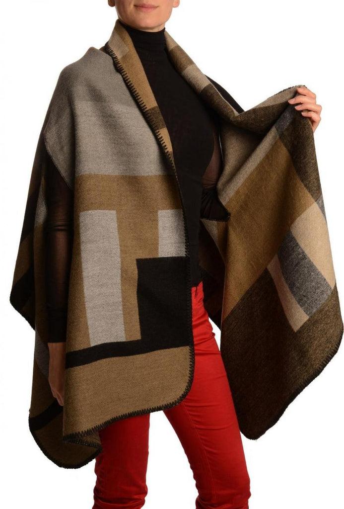 Liss Kiss Large Grey Beige & Black Colour Blocks Blanket Wrap (Poncho) - Poncho