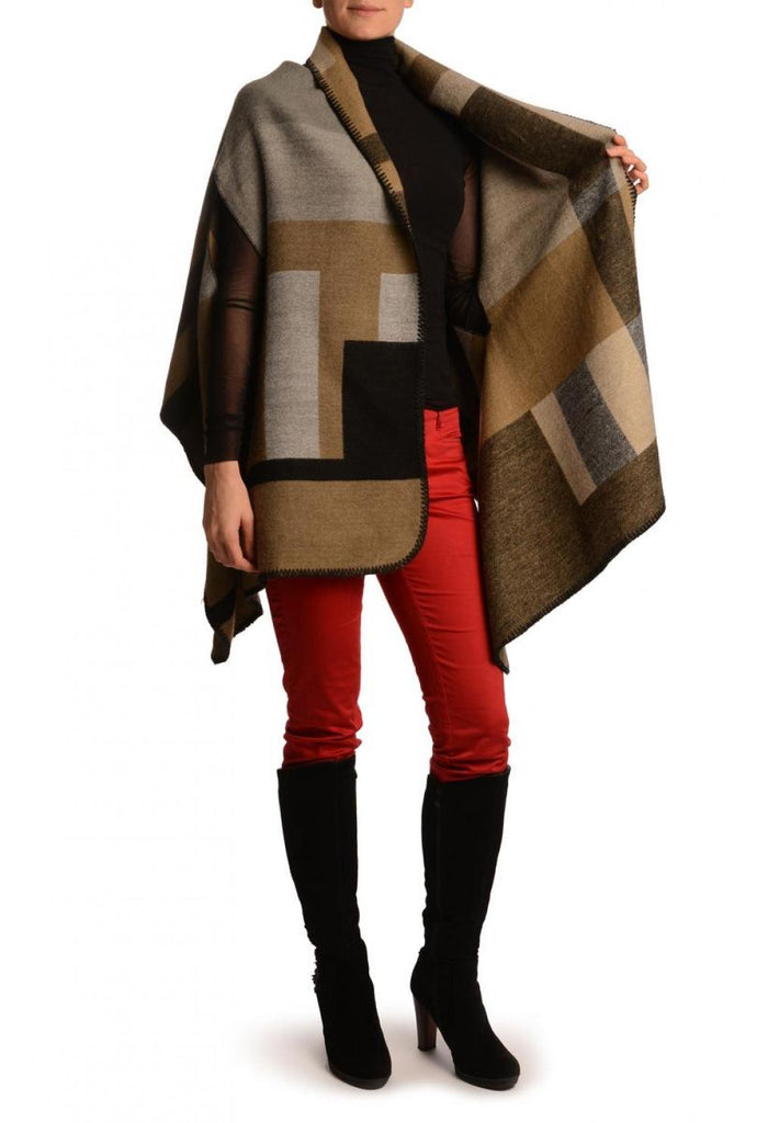 Liss Kiss Large Grey Beige & Black Colour Blocks Blanket Wrap (Poncho) - Poncho