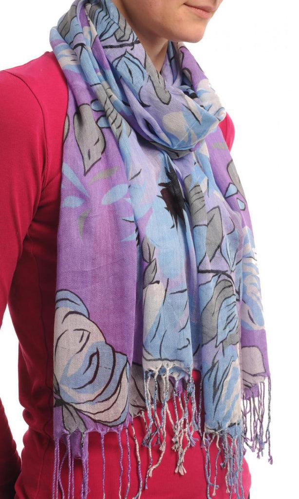 Liss Kiss Large Grey & Blue Roses And Sunflowers On Light Purple With Tassels - Scarf
