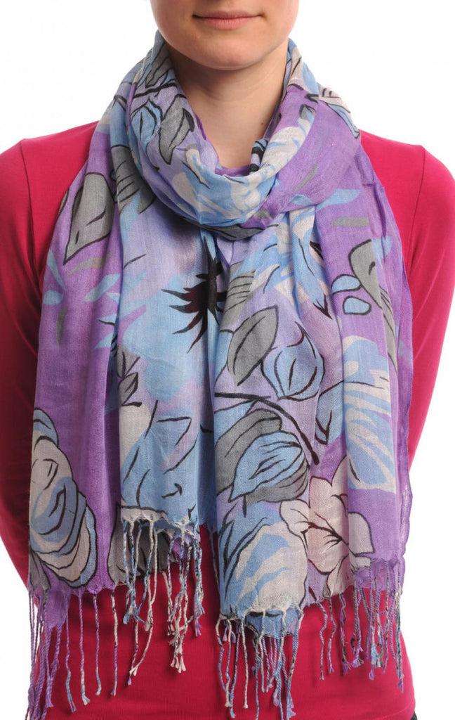 liss kiss Large Grey & Blue Roses And Sunflowers On Light Purple With Tassels - Scarf