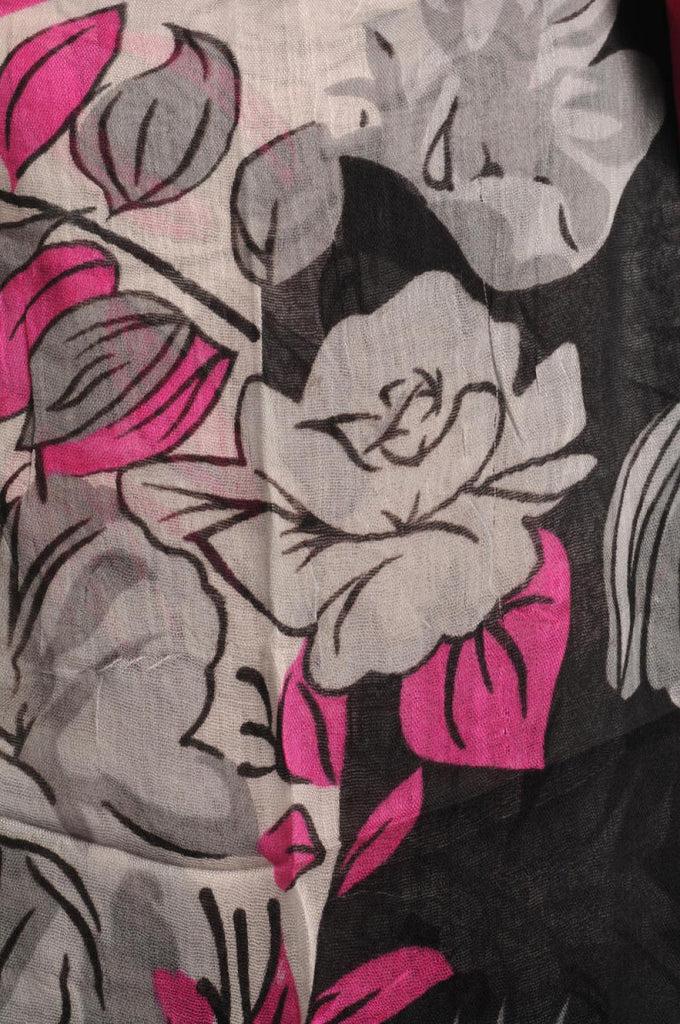 Liss Kiss Large Grey & Pink Roses And Sunflowers On Black With Tassels - Scarf