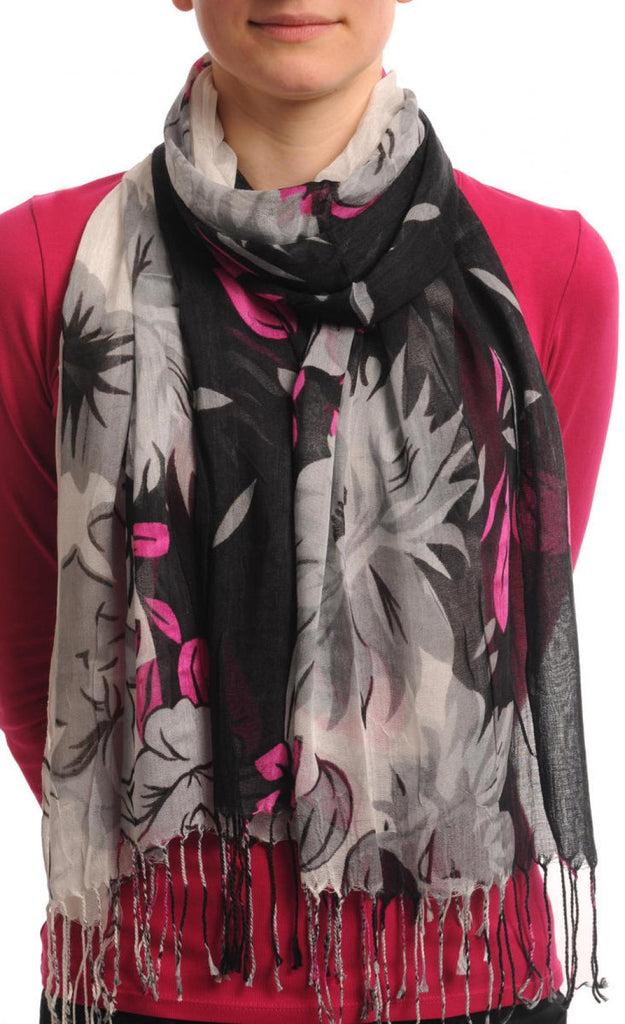 liss kiss Large Grey & Pink Roses And Sunflowers On Black With Tassels - Scarf
