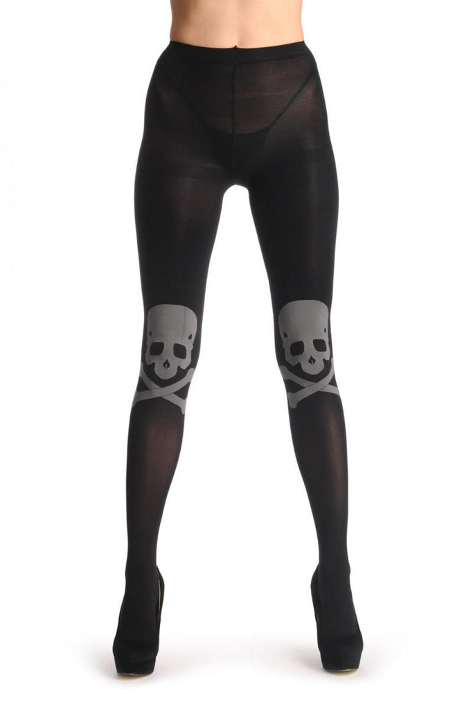 Liss Kiss Large Grey Woven Skull & Crossbones On Black - Tights