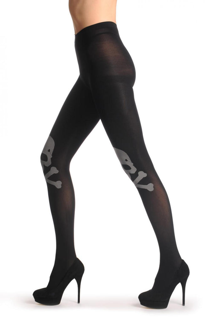 Liss Kiss Large Grey Woven Skull & Crossbones On Black - Tights
