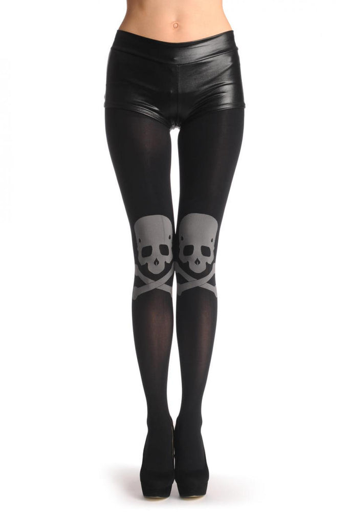 liss kiss Large Grey Woven Skull & Crossbones On Black - Tights