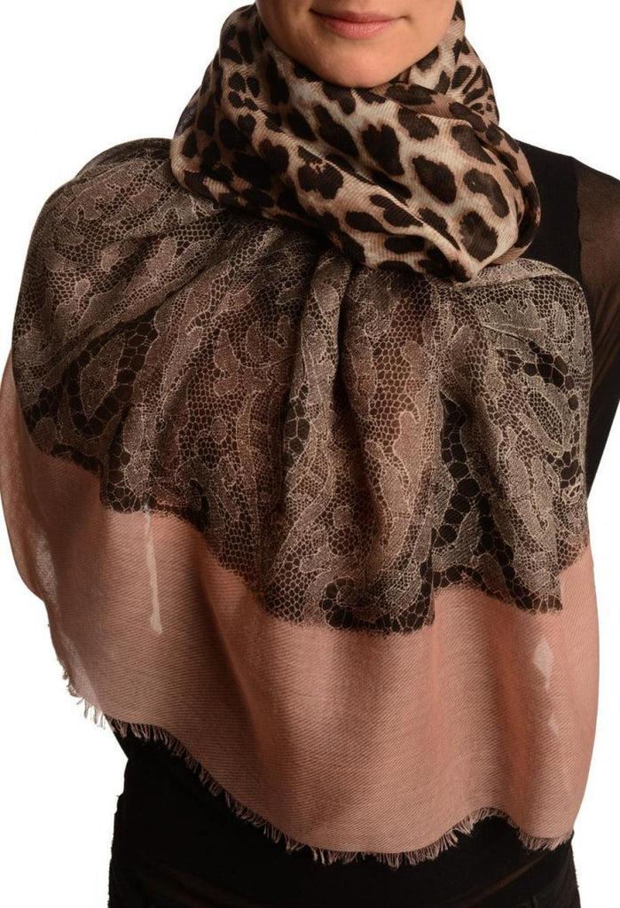 liss kiss Large Lace & Leopard Print On Peach Pink - Scarf