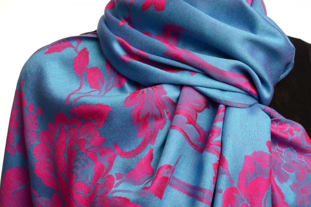 Liss Kiss Large Magenta Pink Roses On Blue Pashmina With Tassels - Scarf