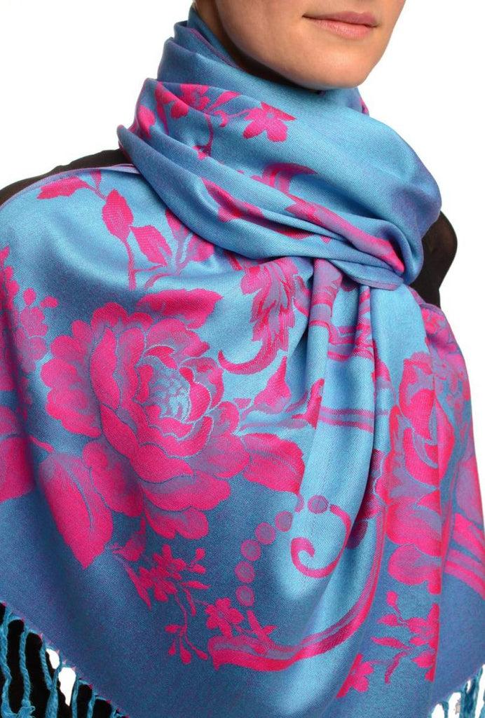 Liss Kiss Large Magenta Pink Roses On Blue Pashmina With Tassels - Scarf