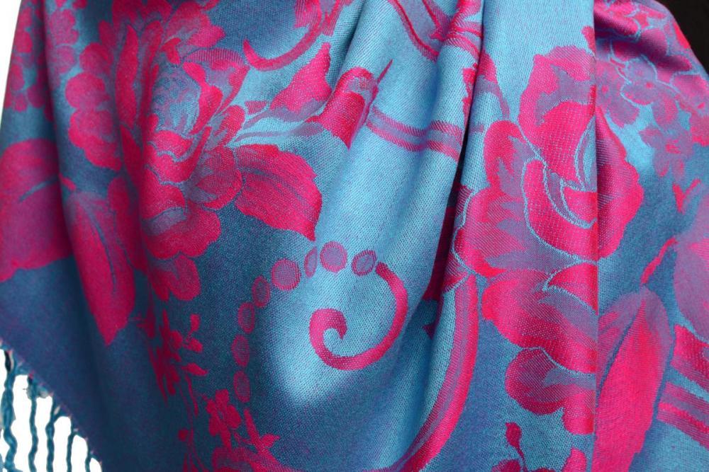 Liss Kiss Large Magenta Pink Roses On Blue Pashmina With Tassels - Scarf