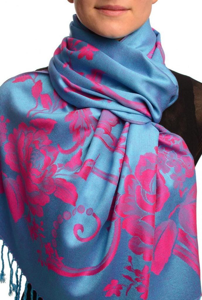 liss kiss Large Magenta Pink Roses On Blue Pashmina With Tassels - Scarf