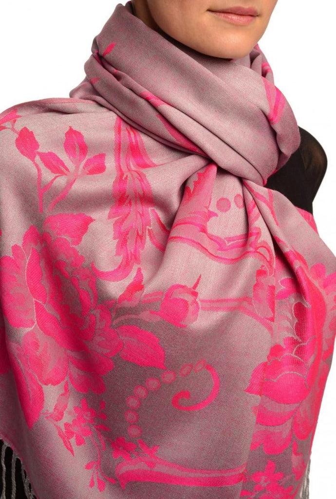 Liss Kiss Large Magenta Pink Roses On Grey Pashmina With Tassels - Scarf