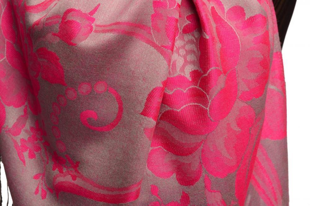 Liss Kiss Large Magenta Pink Roses On Grey Pashmina With Tassels - Scarf