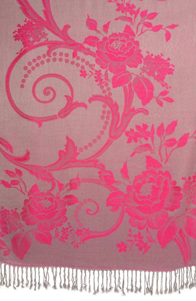 Liss Kiss Large Magenta Pink Roses On Grey Pashmina With Tassels - Scarf