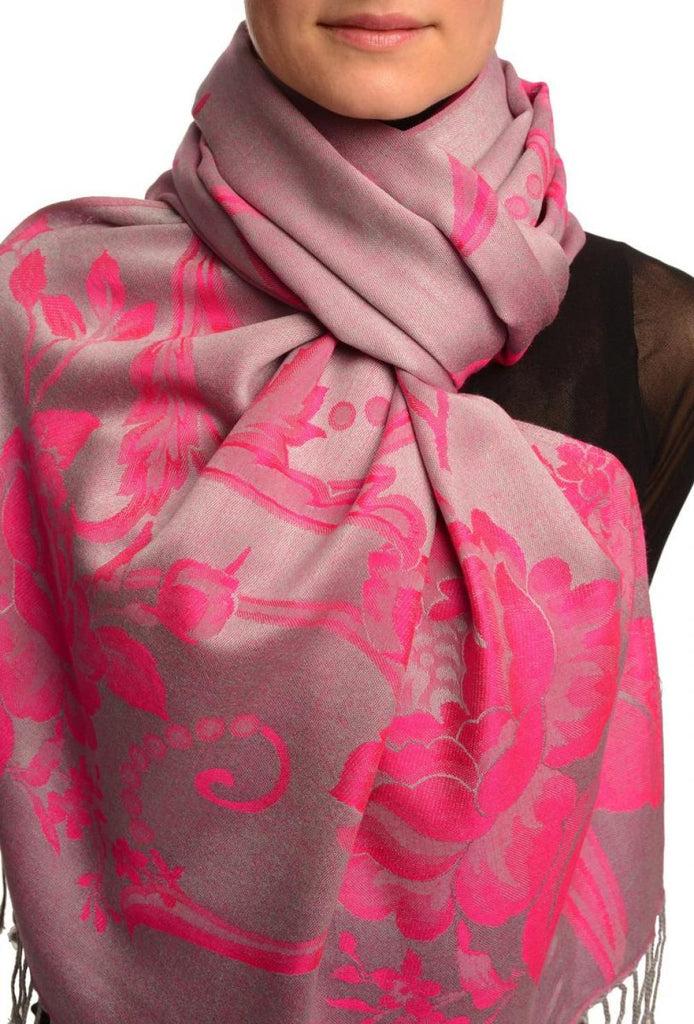 liss kiss Large Magenta Pink Roses On Grey Pashmina With Tassels - Scarf