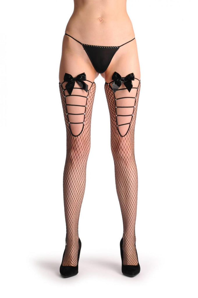 liss kiss Large Mesh & Striped Panel Fishnet With Crystals & Black Bow - Stockings