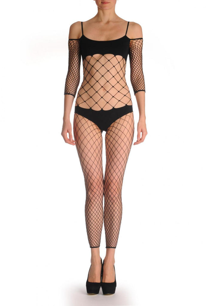 liss kiss Large Mesh With Long Sleeves & Opaque Panels - Bodystocking