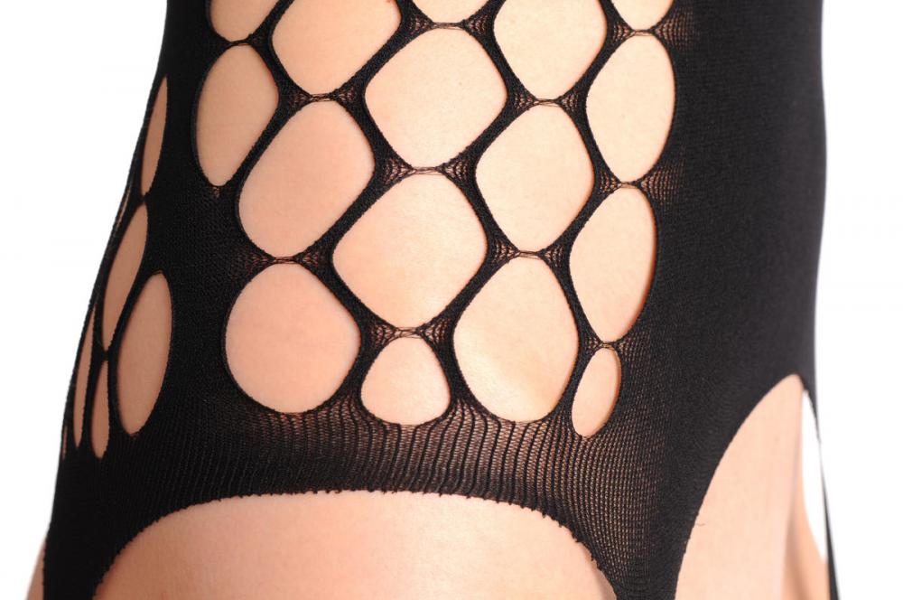 Liss Kiss Large Net Bodystoking With Opaque Front Panel & Suspenders - Bodystocking
