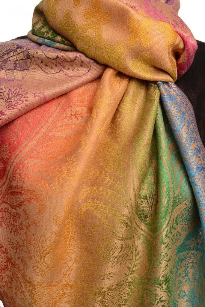 Liss Kiss Large Ombre Paisley & Diamond On Beige Pashmina With Tassels - Scarf