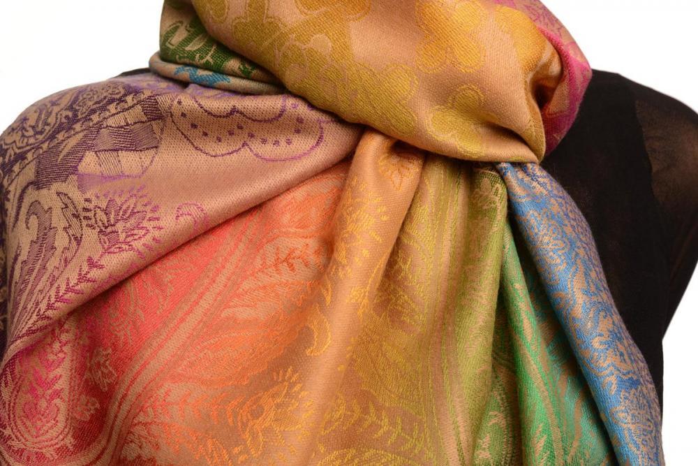Liss Kiss Large Ombre Paisley & Diamond On Beige Pashmina With Tassels - Scarf