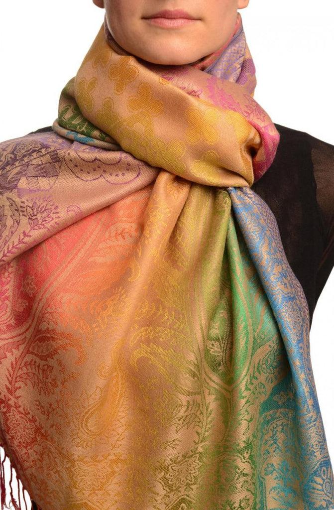 liss kiss Large Ombre Paisley & Diamond On Beige Pashmina With Tassels - Scarf