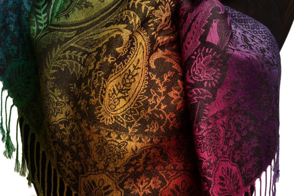 Liss Kiss Large Ombre Paisley & Diamond On Black Pashmina With Tassels - Scarf