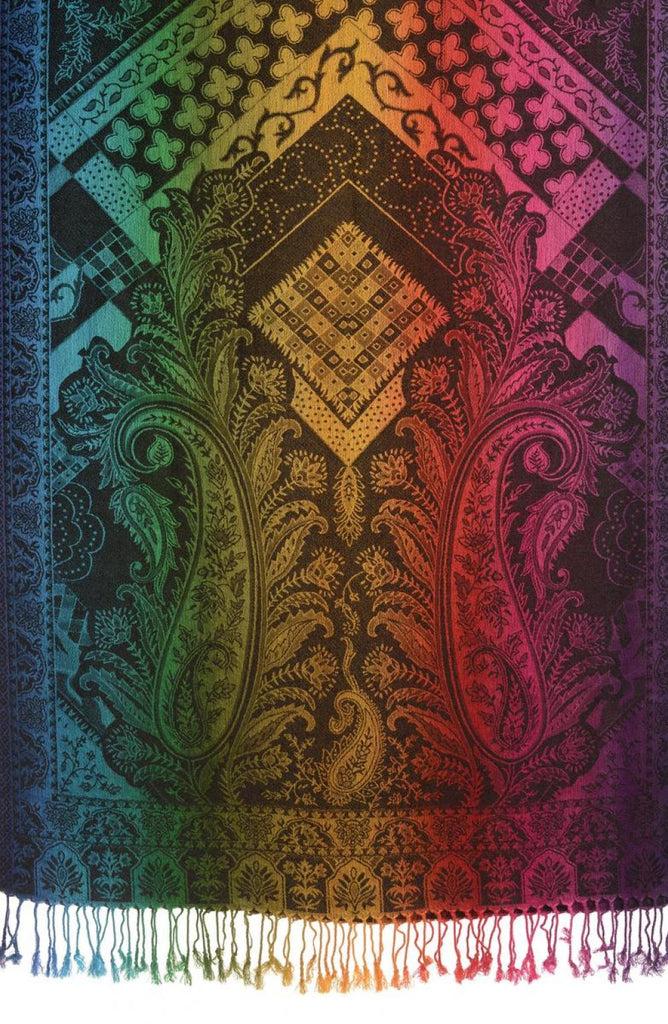 Liss Kiss Large Ombre Paisley & Diamond On Black Pashmina With Tassels - Scarf
