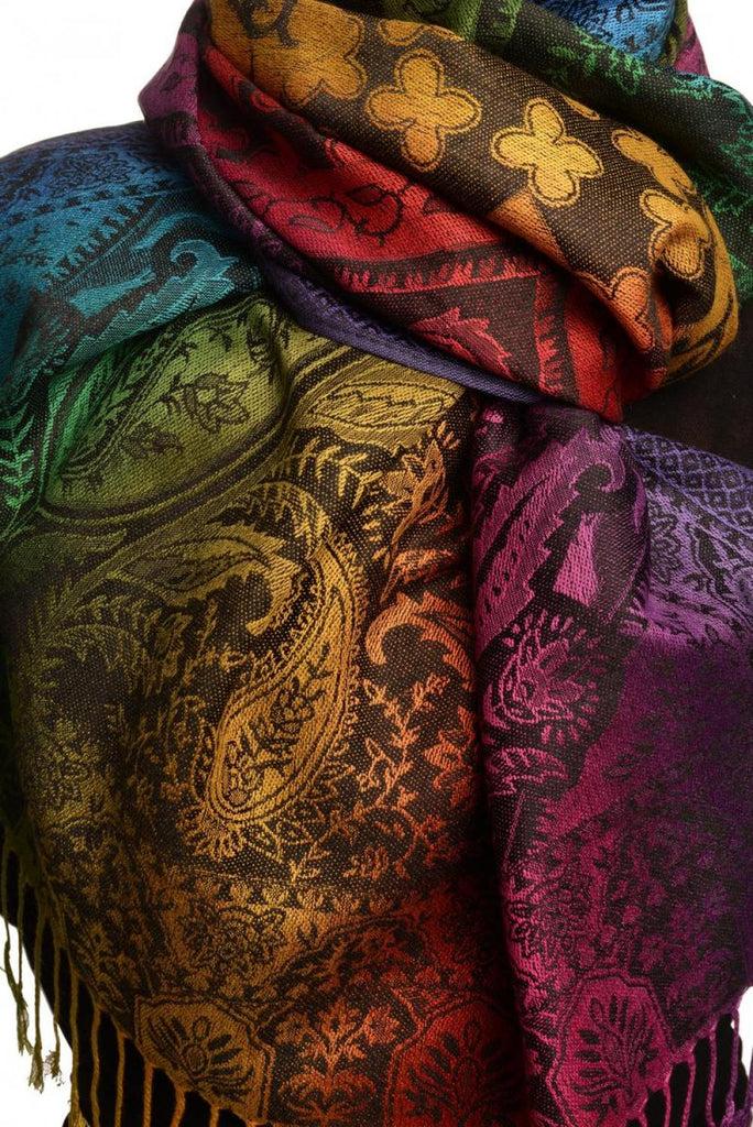 Liss Kiss Large Ombre Paisley & Diamond On Black Pashmina With Tassels - Scarf