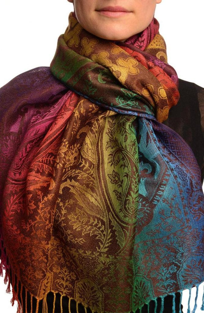 liss kiss Large Ombre Paisley & Diamond On Brown Pashmina With Tassels - Scarf