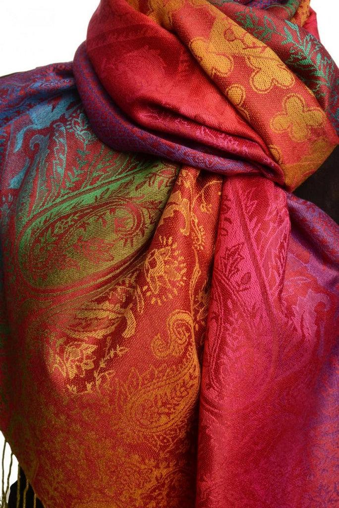 Liss Kiss Large Ombre Paisley & Diamond On Burgundy Pashmina With Tassels - Scarf