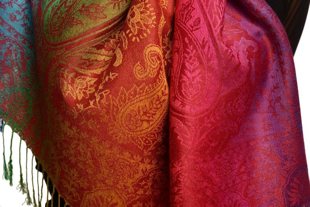 Liss Kiss Large Ombre Paisley & Diamond On Burgundy Pashmina With Tassels - Scarf