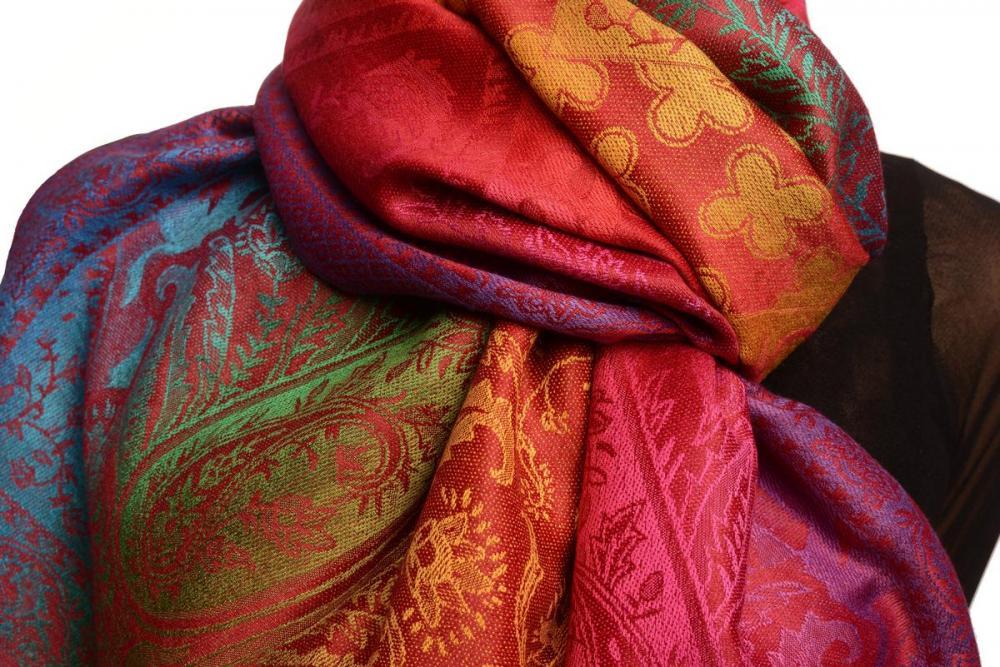 Liss Kiss Large Ombre Paisley & Diamond On Burgundy Pashmina With Tassels - Scarf