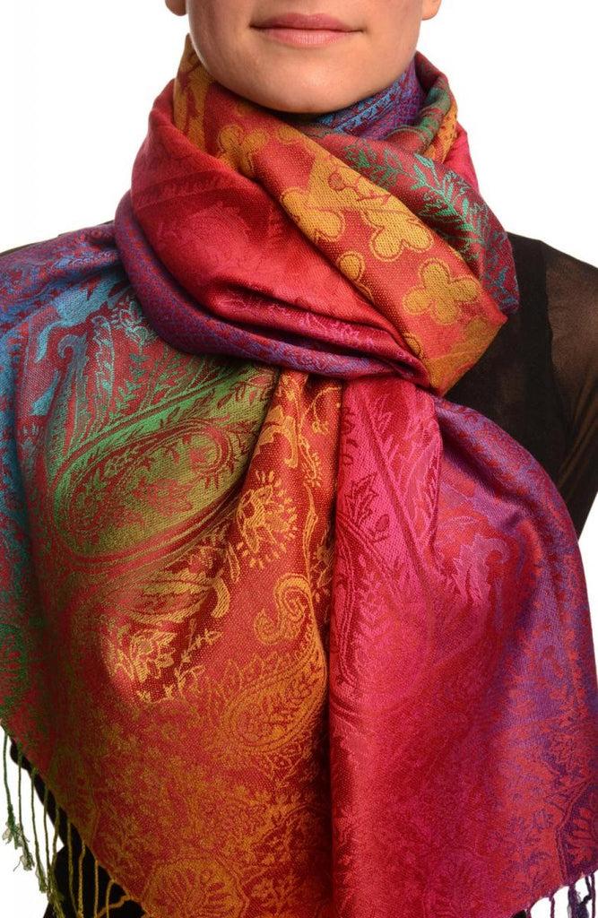 liss kiss Large Ombre Paisley & Diamond On Burgundy Pashmina With Tassels - Scarf